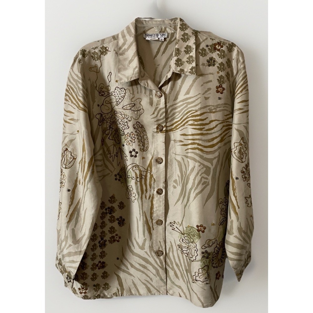 Nancy Bolen City Girl‎ Silk Long Sleeve Button Down Blouse Women's Large Beaded